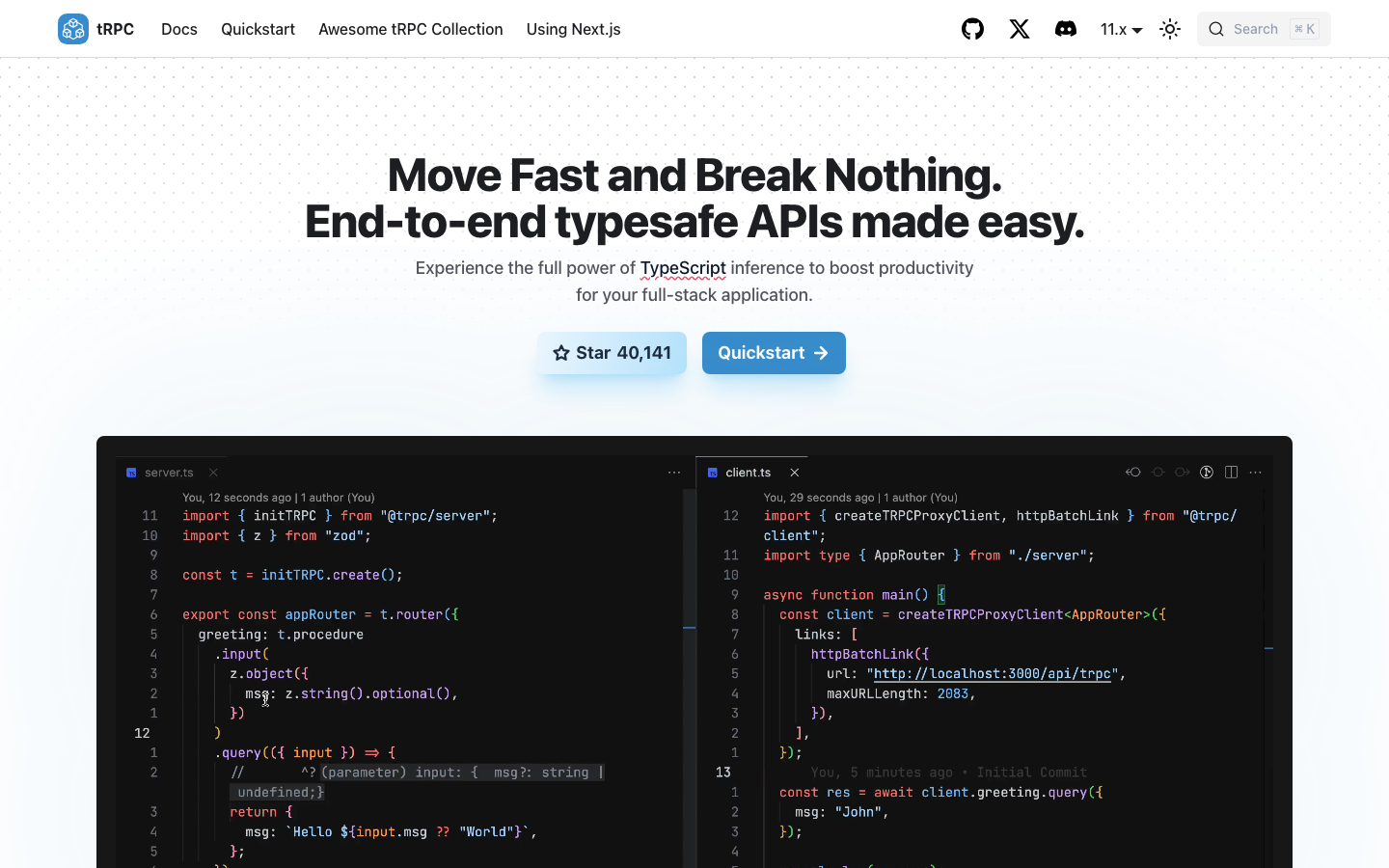 Trpc - The page prioritizes code examples and a clear call to action. The design is stark, using a limited color palette and a focus on functionality over ornamentation. Typography is clean and legible, emphasizing the code snippets.  ·  typescript api, javascript api, trpc docs, developer tools, code playground, backend framework, api examples, dark mode, technical design