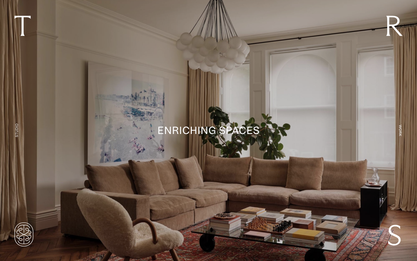 A high-end interior design landing page utilizing a full-bleed image with sparse, oversized serif typography anchored to the corners. The layout prioritizes spatial atmosphere over navigation, using a muted, warm palette. · interior design hero, minimalist architecture landing, editorial layout, luxury home portfolio, full bleed image hero