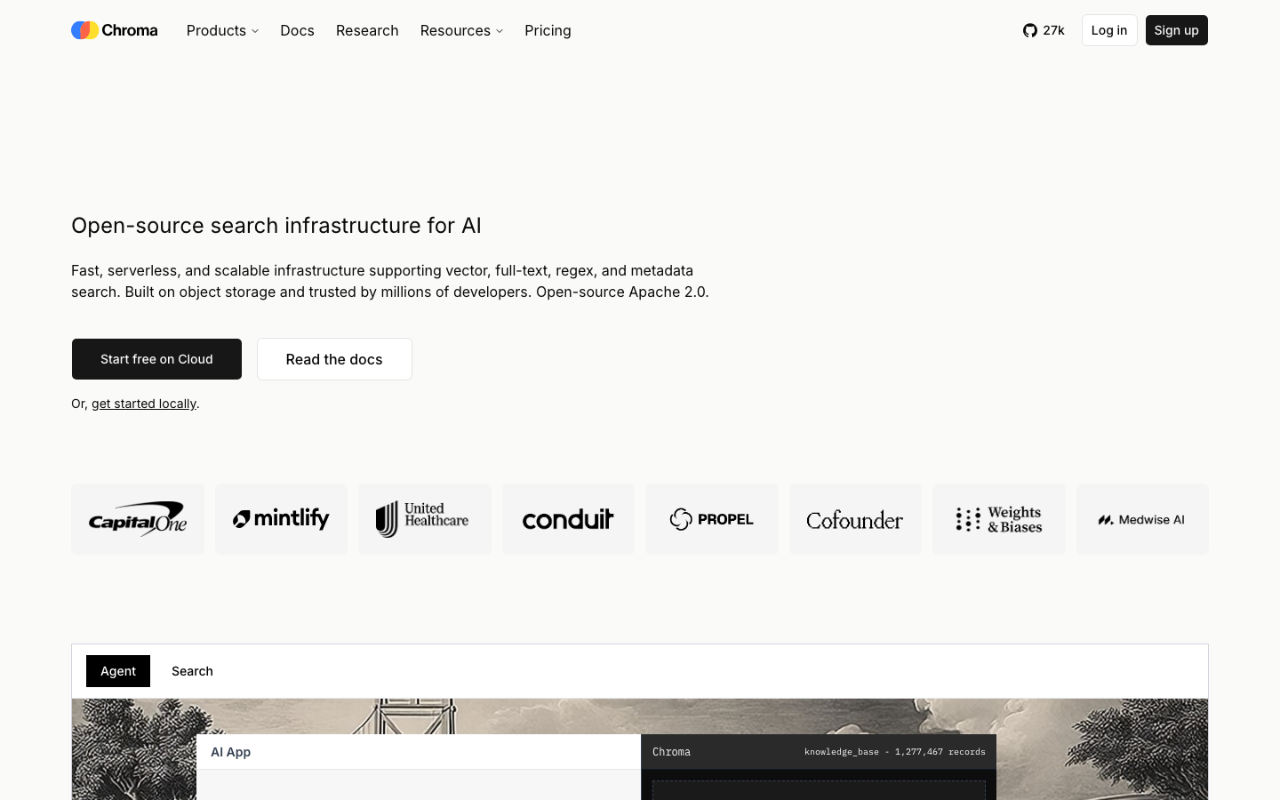 Trychroma - The page uses a stark, dark aesthetic with a prominent hero section and a clear separation of features. The typography is clean and functional, prioritizing readability and conveying a sense of technical precision. The overall feeling is efficient and focused.  ·  ai search, developer tools, search infrastructure, chroma, dark ssa, technical landing page, minimalist ai, developer platform