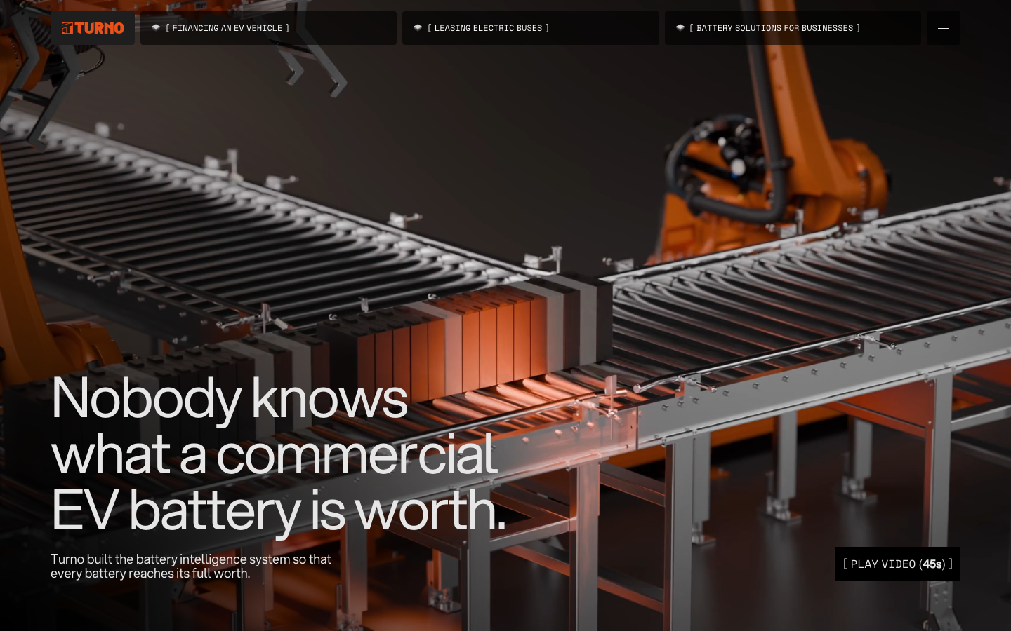 High-impact dark interface featuring a full-bleed industrial render. The typography is a clean, bold sans-serif with strategic orange accents for emphasis against a moody, metallic backdrop. · industrial dark mode, automotive hero section, high contrast tech landing, EV battery platform, futuristic industrial design