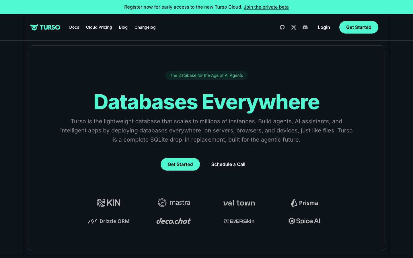 Turso Tech - The design prioritizes clarity and functionality through a dark, high-contrast palette and ample negative space. Typography is clean and geometric, emphasizing the technical nature of the product. Visual hierarchy is established through size and weight. · ai database, developer tools, saas landing page, technical design, dark mode ui, minimalist design, database platform, ai infrastructure, turso tech, data management