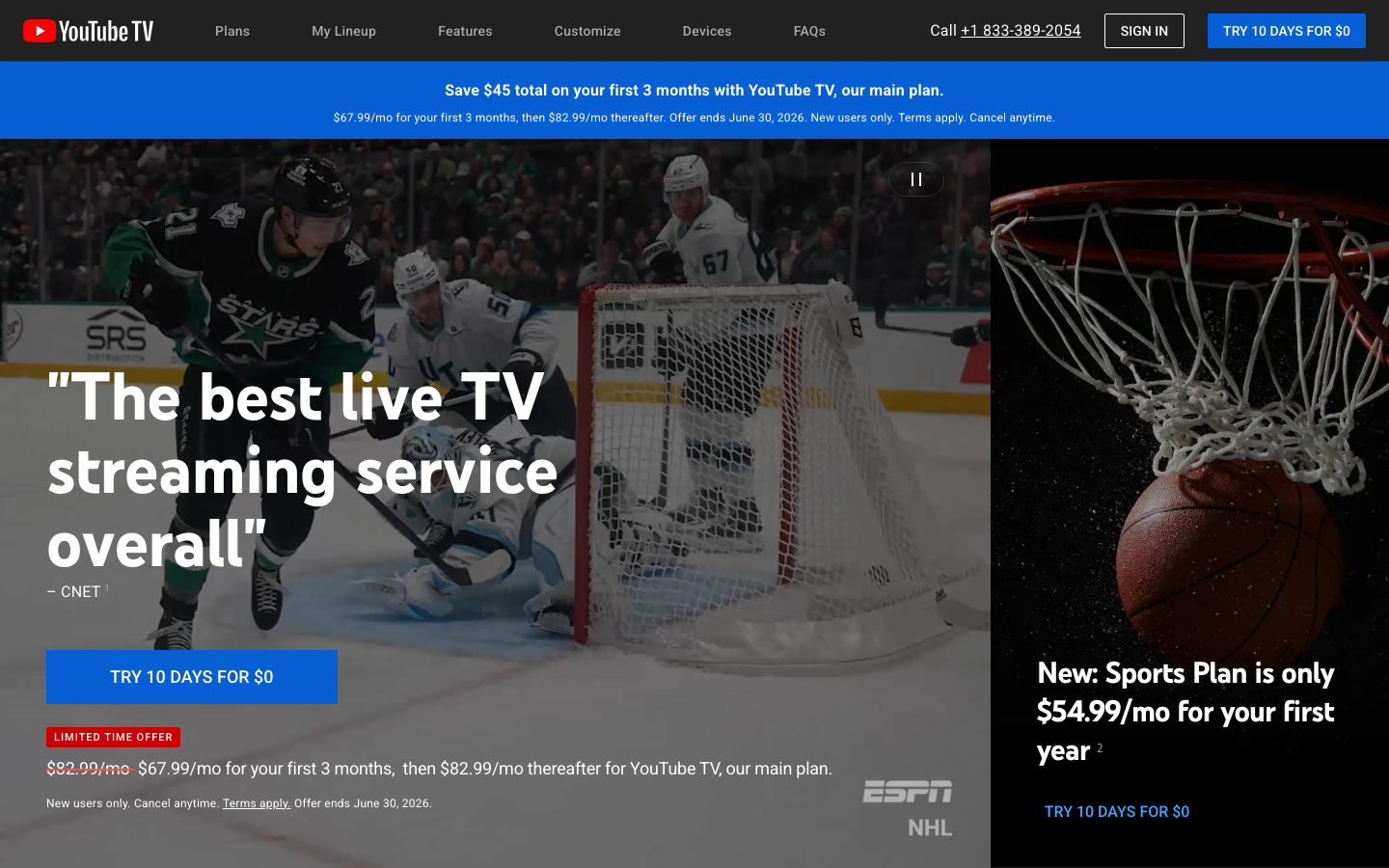 The page uses a full-screen video backdrop with a prominent headline overlay. The typography is clean and modern, with a focus on readability against the dark background. The overall feel is sleek and professional. · streaming service, sports tv, youtube tv, dark interface, sports streaming, hockey, basketball, video promo