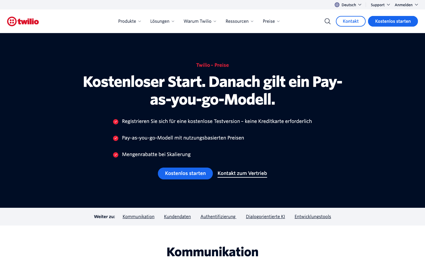 The page uses a stark contrast of deep blues and white, with a prominent video and concise text blocks. The layout is divided into distinct sections, creating a sense of focused information delivery. · ai platform, communication platform, twilio ai, developer tools, saas platform, dark ui, tech website, conversations ai, cloud communications