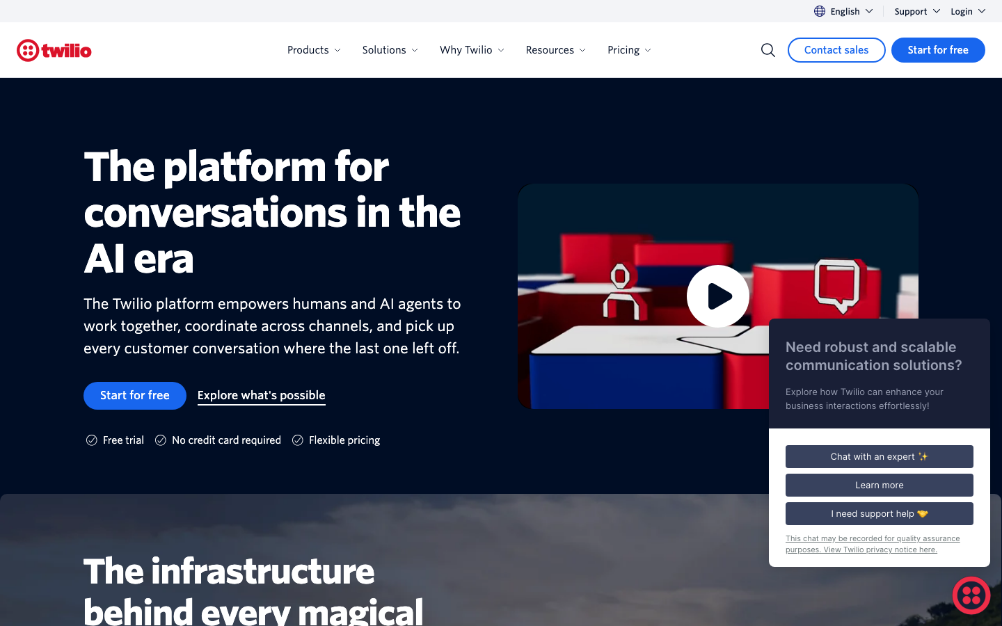 The page uses a stark contrast of deep blues and white, with a prominent video and concise text blocks. The layout is divided into distinct sections, creating a sense of focused information delivery. · ai platform, communication platform, twilio ai, developer tools, saas platform, dark ui, tech website, conversations ai, cloud communications