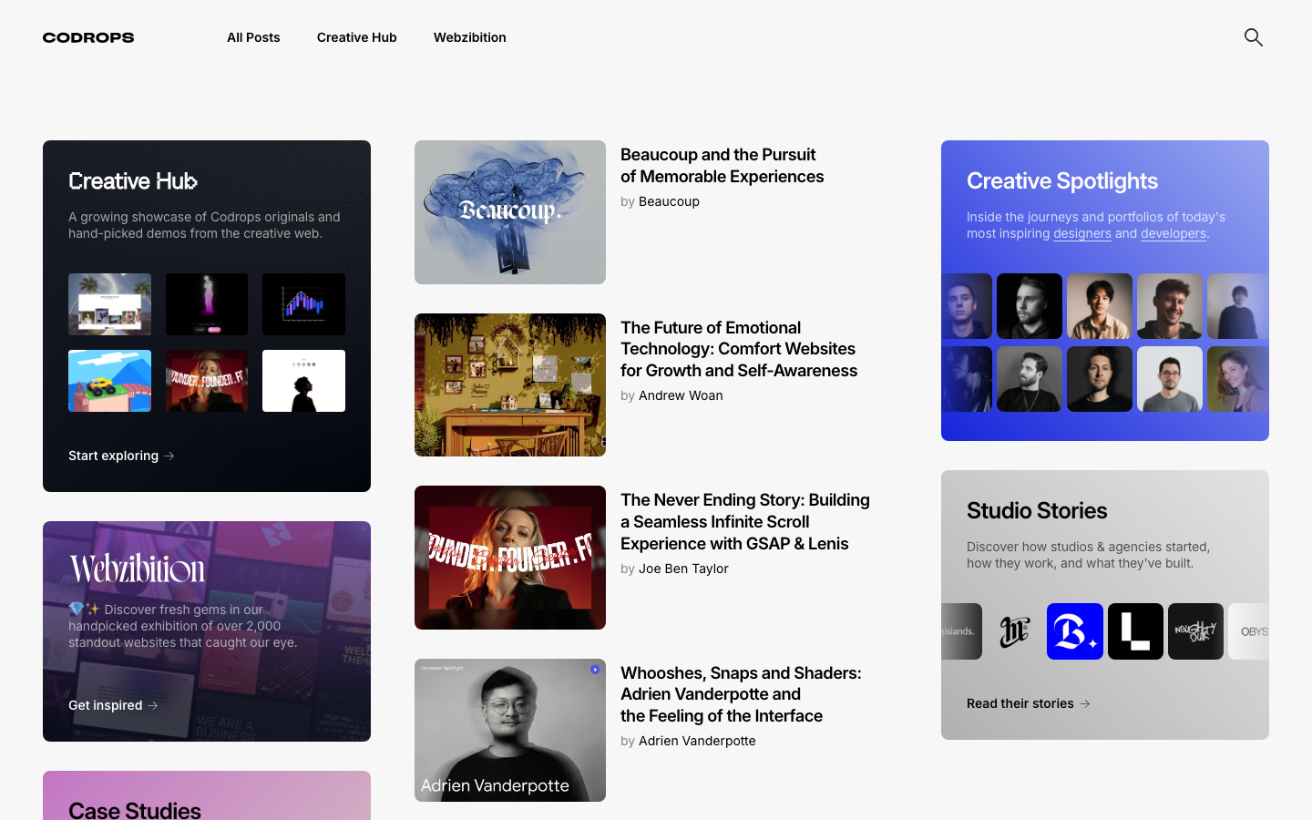 Founded in 2009, Codrops is a destination for web design and development enthusiasts. Our team is dedicated to providing high-quality, innovative content that explores the latest trends and techniques in the field, keeping web professionals up-to-date on the latest developments in the industry. · minimalism, swiss, editorial, developer-tools, agency, media, logo-cloud, hero-with-cta, blog-grid