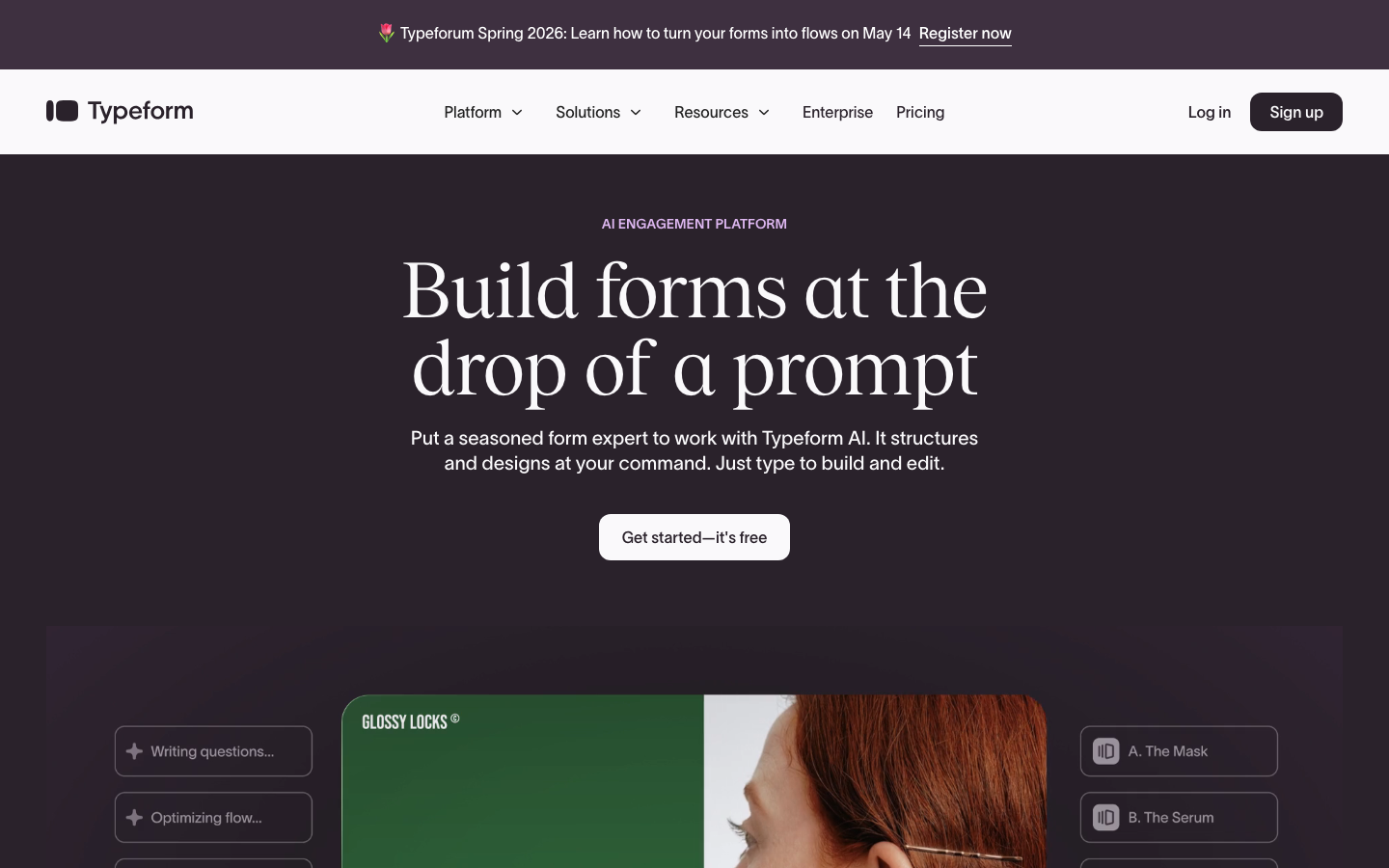 The page prioritizes clarity and functionality with a stark, dark aesthetic. Typography is clean and assertive, emphasizing the core value proposition. Visual density is low, allowing the content to breathe. · ai form builder, form design platform, dark ui, minimalist saas, typeform ai, engagement platform, ai tools, form automation