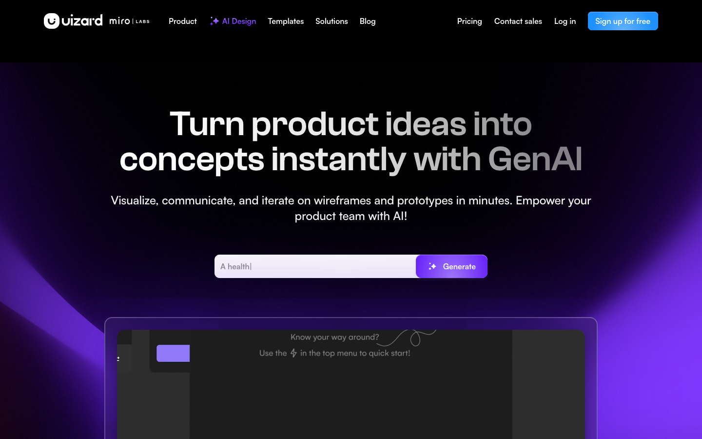 Uizard - The page uses a dark purple and white color palette with a focus on clean typography and ample negative space. The hero section features a prominent call to action, while the lower portion offers a glimpse into the tool's functionality with a subtle interactive element.  ·  ai design tool, product ideation, ai prototyping, dark saas, minimal ai, concept generation, ui design, ai workflow