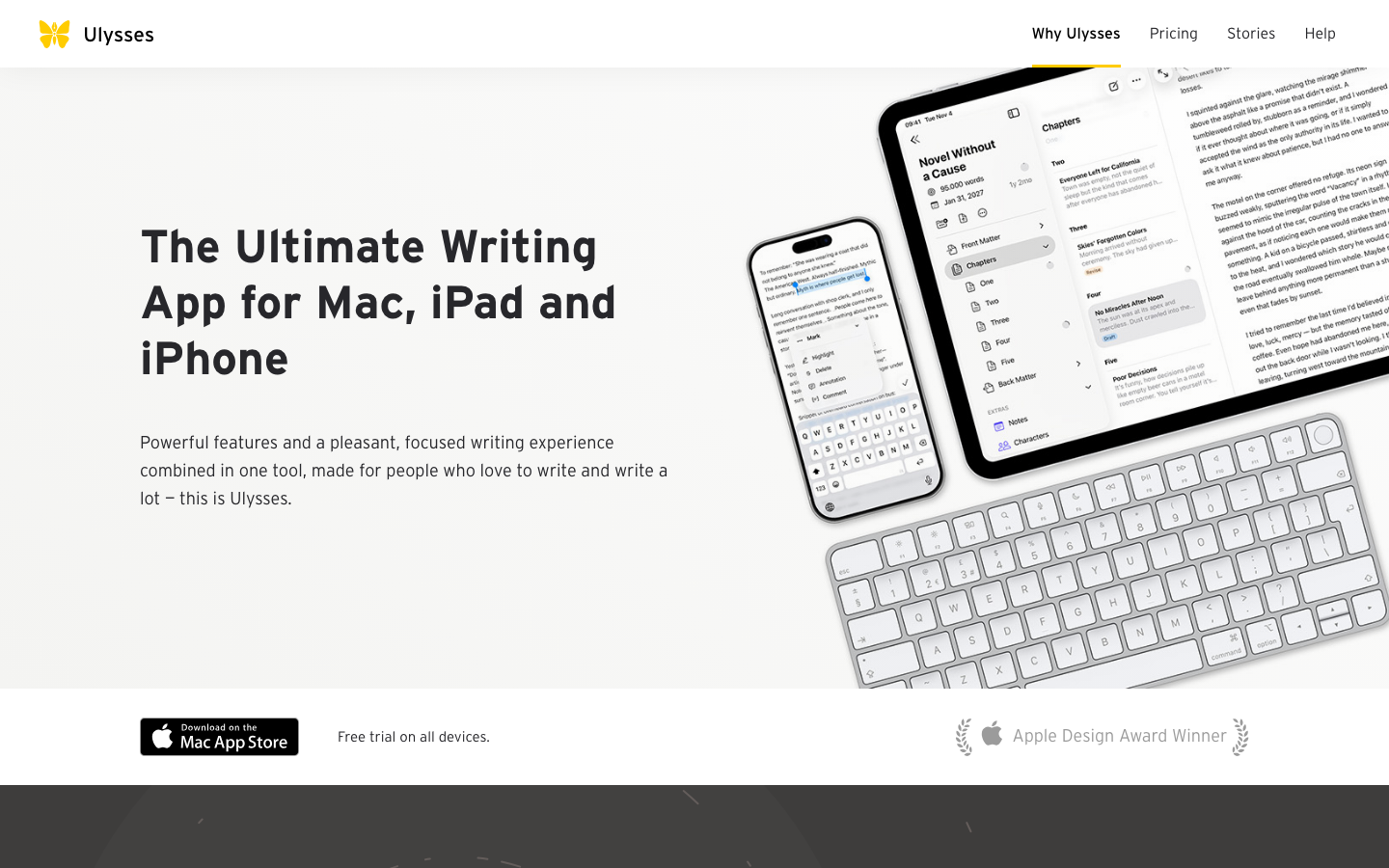 The layout is structured around a central hero section showcasing the app's core value proposition, flanked by key features and a visual demonstration. The overall feel is clean and functional, prioritizing clarity and ease of navigation. · writing app, mac ios, minimalist design, dark mode, productivity, note taking, software, creative tools