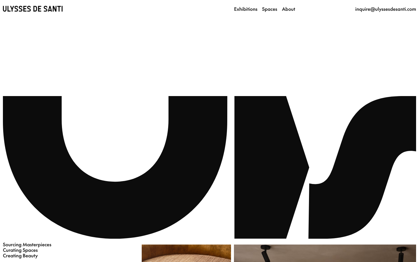 High-contrast monochrome layout featuring an oversized, cropped typographic element as the primary visual anchor. The composition relies on extreme scale and generous white space to create a gallery-like atmosphere. · minimalist curator portfolio, oversized typography hero, high contrast monochrome web, luxury furniture gallery, swiss style layout