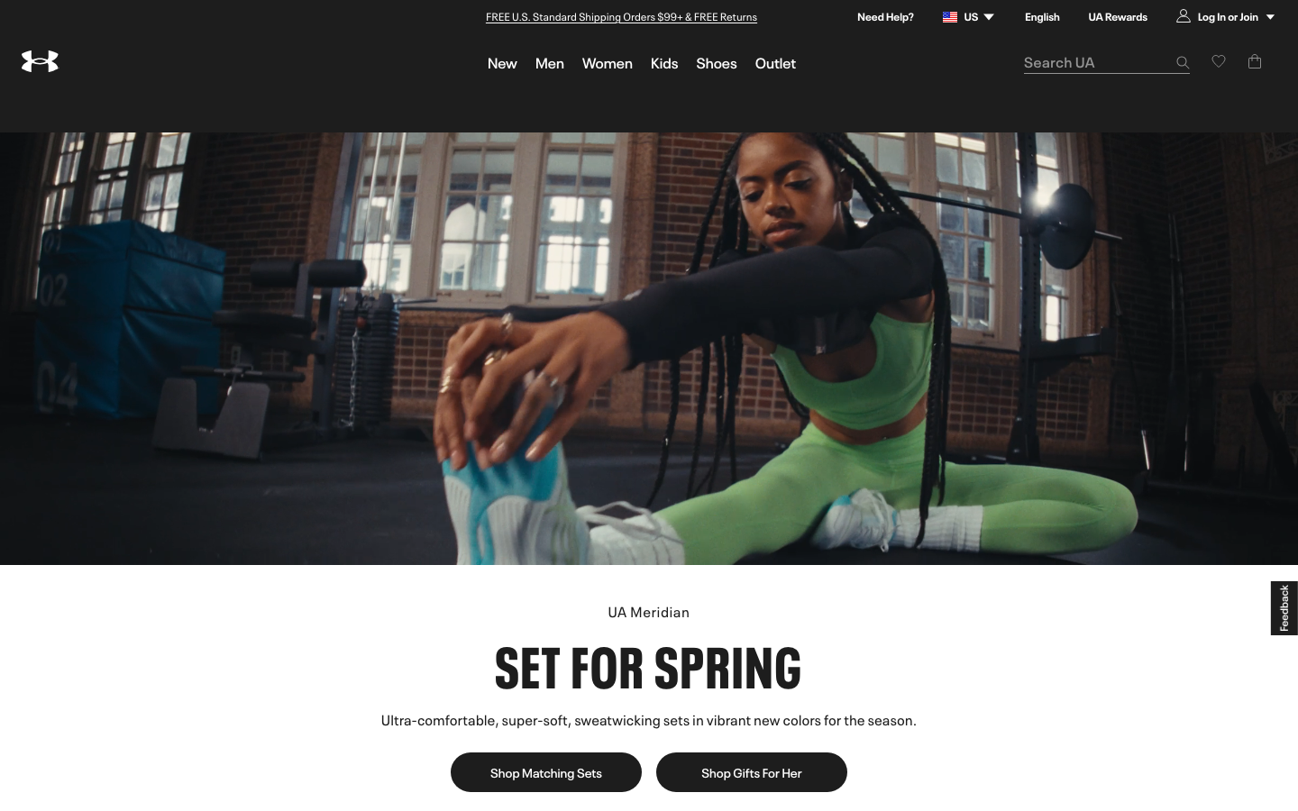 The hero image dominates, establishing a strong visual presence. Clean typography and a dark color palette contribute to a serious, technical feel. The overall density is low, focusing attention on the central visual. · activewear hero, sports apparel, fitness brand, dark ecommerce, minimalist sportswear, under armour campaign, gym photography