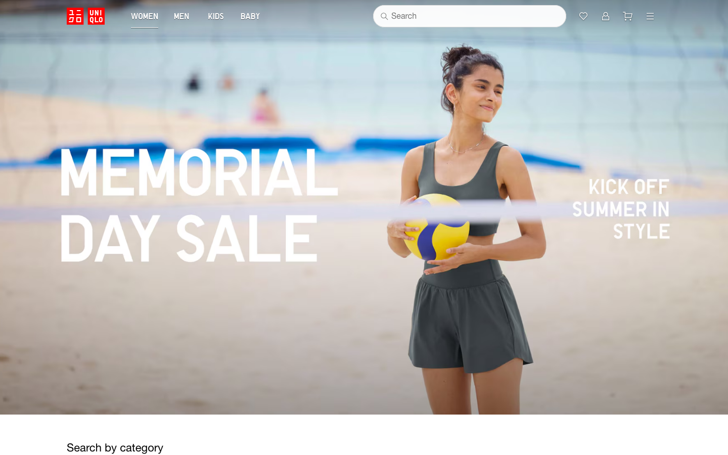 The image is a full-screen shot of a woman on a beach, promoting a Memorial Day sale. The typography is clean and bold, with a focus on large, impactful lettering. The overall feel is airy and aspirational, emphasizing a lifestyle. · summer sale, beachwear, sportswear, memorial day, uniqlo, activewear, lifestyle, sale promotion, minimalist design, fullbleed hero