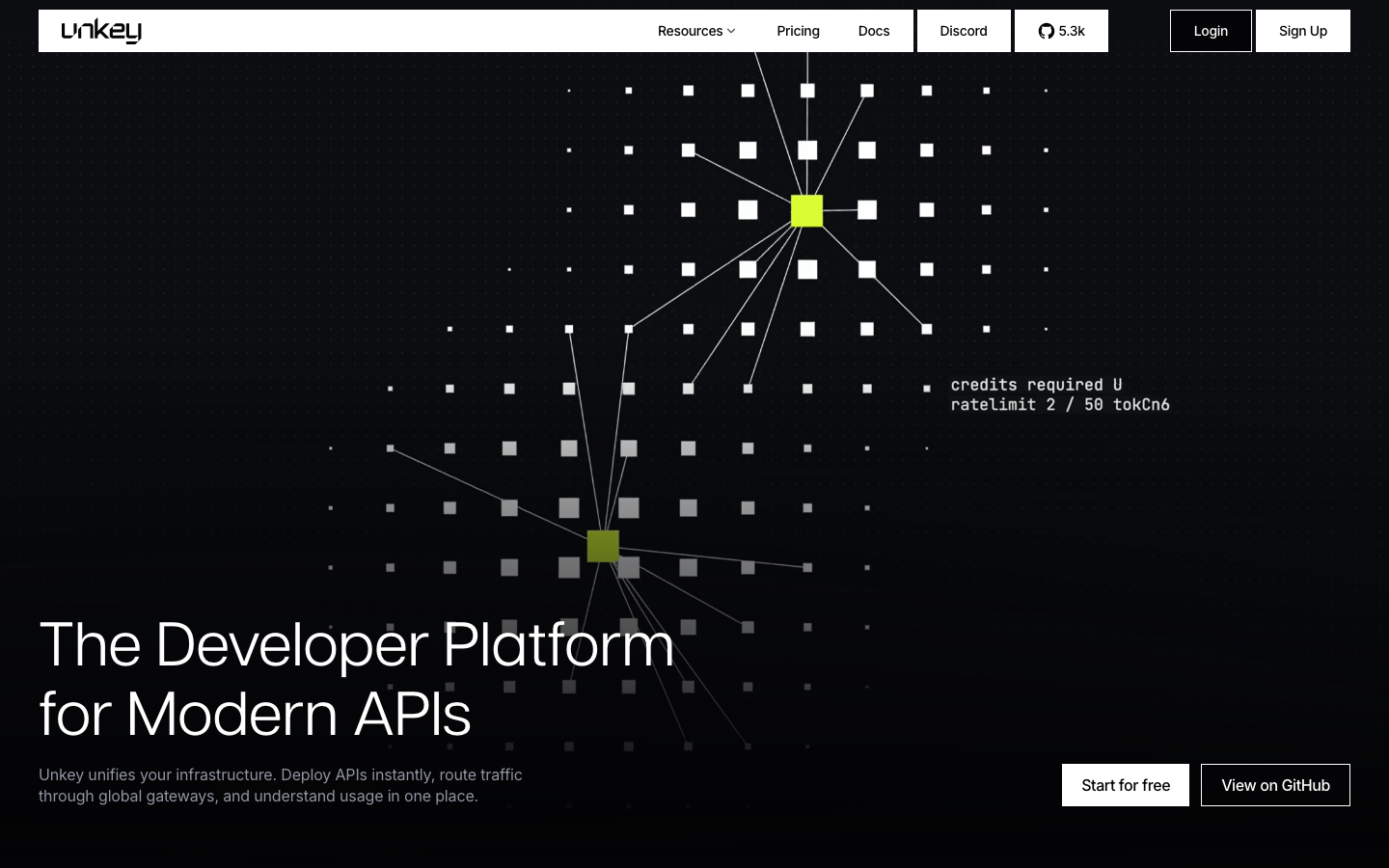 Unkey | The Developer Platform for Modern APIs - Unkey brings API deployment, gateways, and observability into one platform.  ·  dark-mode, minimalism, futurist, monochrome, brutalism, developer-tools, saas, ai, hero-with-cta, logo-cloud, feature-trio
