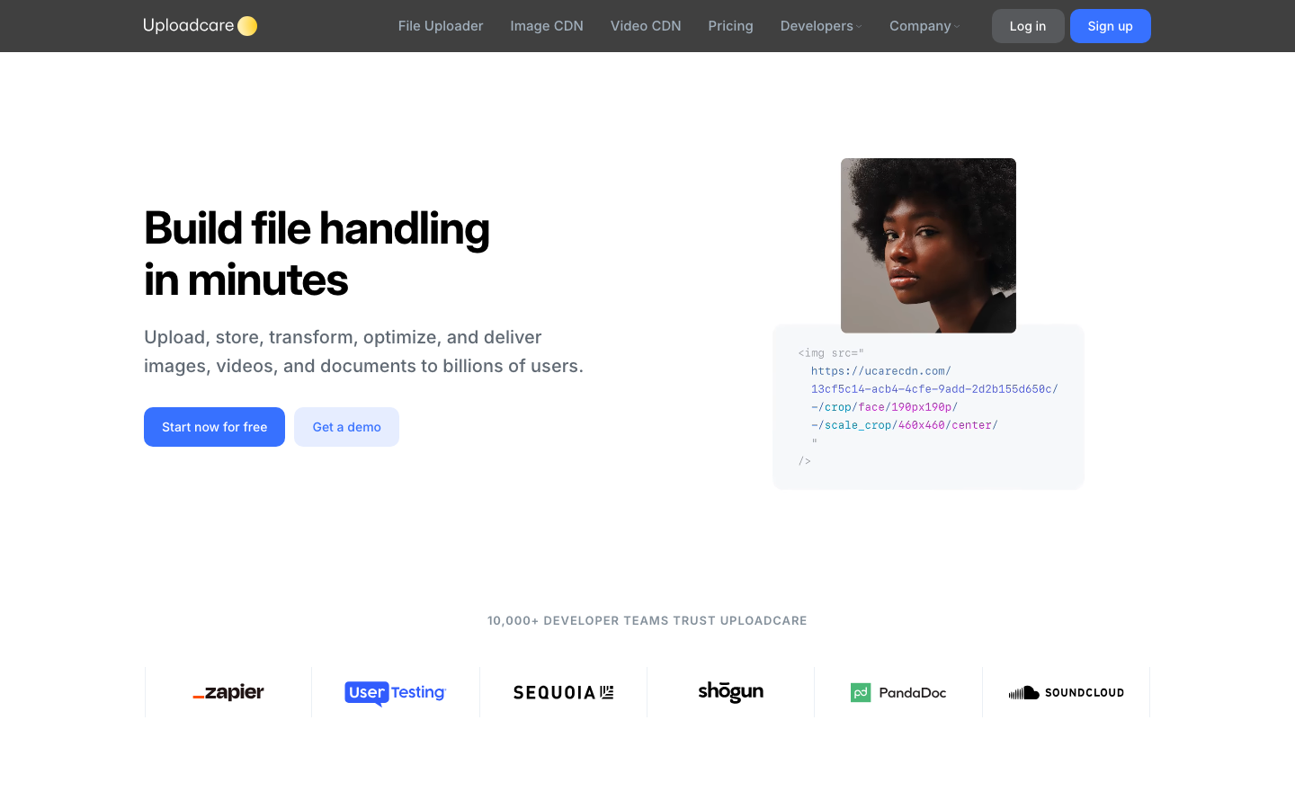 The page uses a clean, spacious layout with a prominent hero section featuring a concise value proposition and clear calls to action. The overall aesthetic is functional and straightforward, prioritizing clarity and ease of understanding. · developer tools, file upload, saas platform, cloud storage, image processing, video CDN, modern interface, technical design