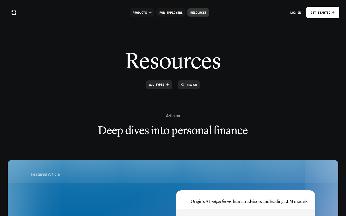 High-contrast dark mode interface featuring a sophisticated serif display typeface. The layout uses generous negative space and a soft blue gradient accent to create a premium, trustworthy feel. · dark fintech hero, serif display typography, premium resource center, minimalist dark mode, editorial finance layout