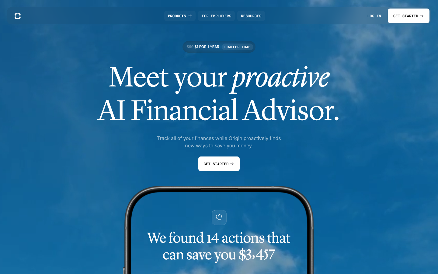 High-contrast composition featuring a deep blue sky background and elegant serif typography. The layout uses a centered, airy hierarchy with a floating promotional pill and a partial mobile device mockup for visual proof.  ·  fintech hero, serif typography, blue gradient background, luxury ai landing page, editorial fintech design