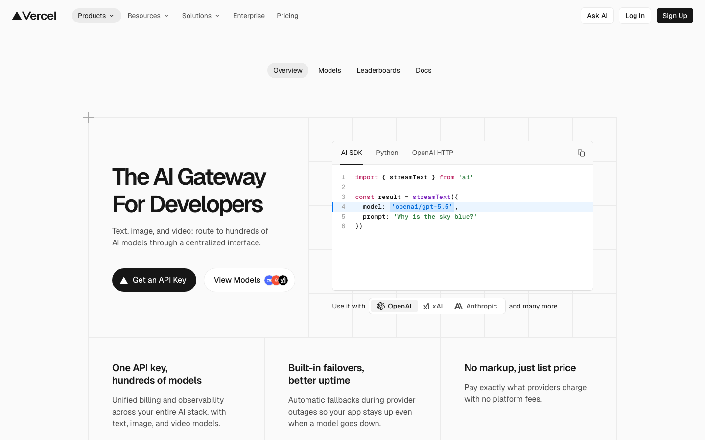 The page uses a gradient background and a bold, centered headline to immediately communicate the core offering. The overall aesthetic is clean and modern, prioritizing clarity and a sense of technological advancement. · ai cloud, developer platform, vercel homepage, saas ai, cloud infrastructure, build deploy, ai platform, modern web, developer tools
