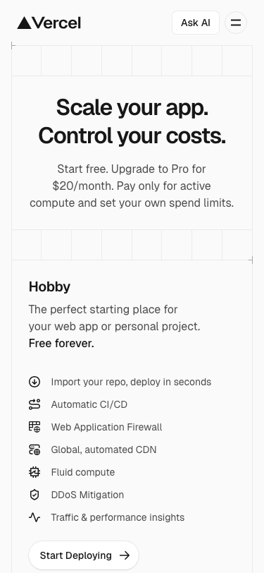 Vercel — Pricing - mobile
