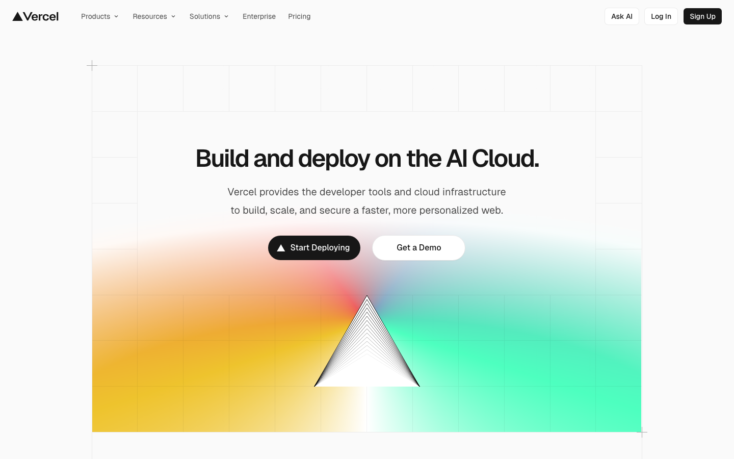 The page uses a gradient background and a bold, centered headline to immediately communicate the core offering. The overall aesthetic is clean and modern, prioritizing clarity and a sense of technological advancement. · ai cloud, developer platform, vercel homepage, saas ai, cloud infrastructure, build deploy, ai platform, modern web, developer tools