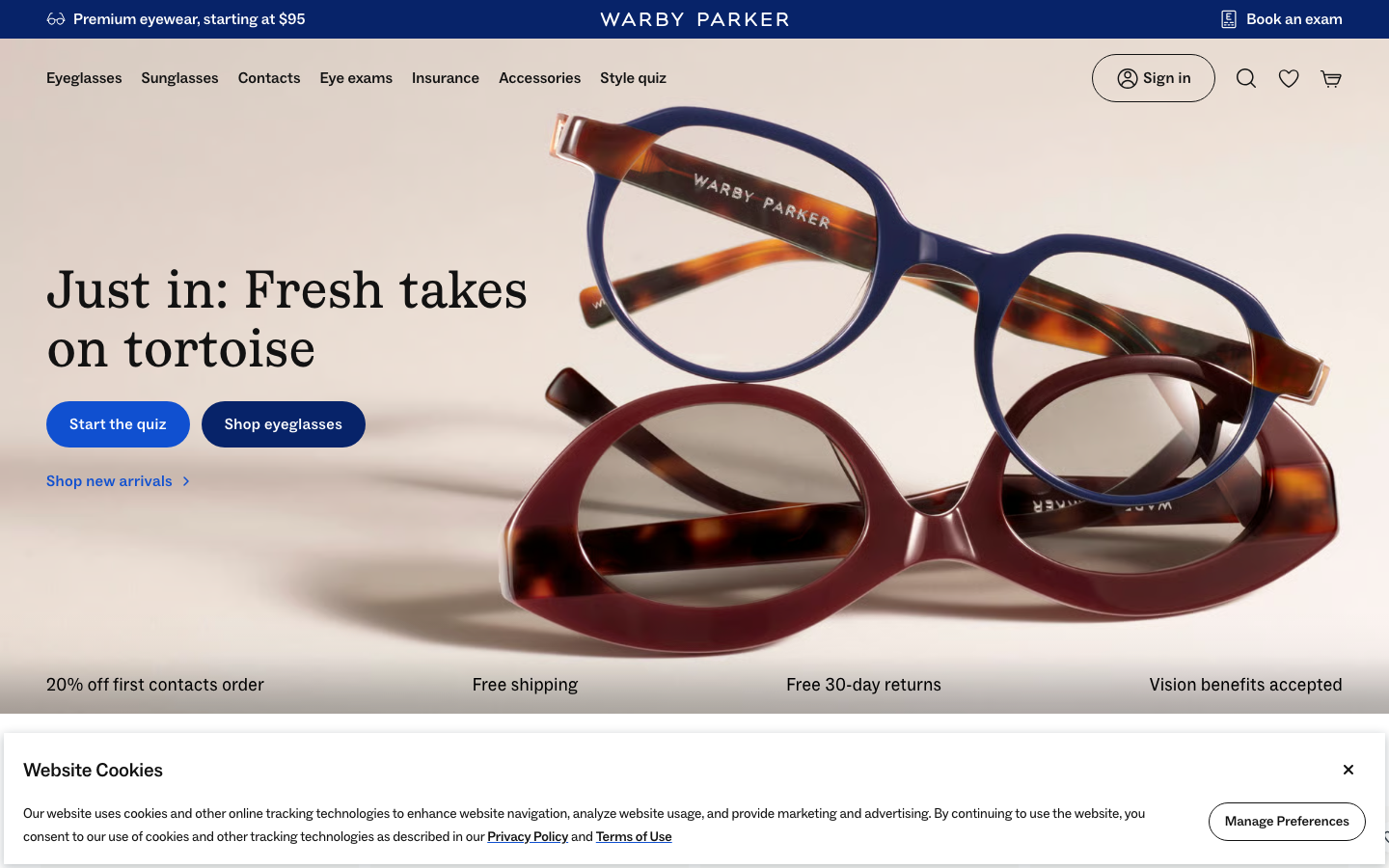 The layout prioritizes visual impact with a full-bleed hero image and clean typography. The color palette is muted and earthy, creating a sophisticated and approachable feel. The density is moderate, allowing the product imagery to breathe. · eyewear hero, minimalist ecommerce, editorial product, warm color palette, clean design, brand showcase, fashion glasses, tortoise frames, navy glasses