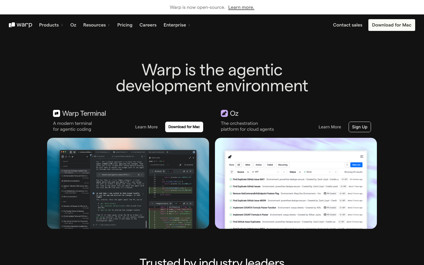 Warp - The design prioritizes clarity and functionality with a dark, high-contrast palette. Typography is clean and legible, emphasizing the code snippets and tool descriptions. The layout uses a left-aligned navigation and a scroll-synced right pane for showcasing features.  ·  dark saas, developer tools, terminal design, code interface, saas landing page, ai tools, technical website, minimalist dark, code showcase
