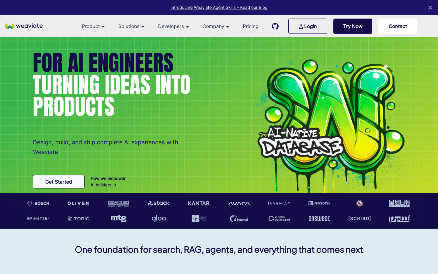 The page uses a vibrant, layered design with a bold, stylized logo and contrasting green and yellow color palette. The layout is split, with a prominent hero section and a grid of logos showcasing integrations. It feels like a modern tech publication. · ai platform, weaviate, developer tools, knowledge graph, semantic search, ai database, tech company, data platform