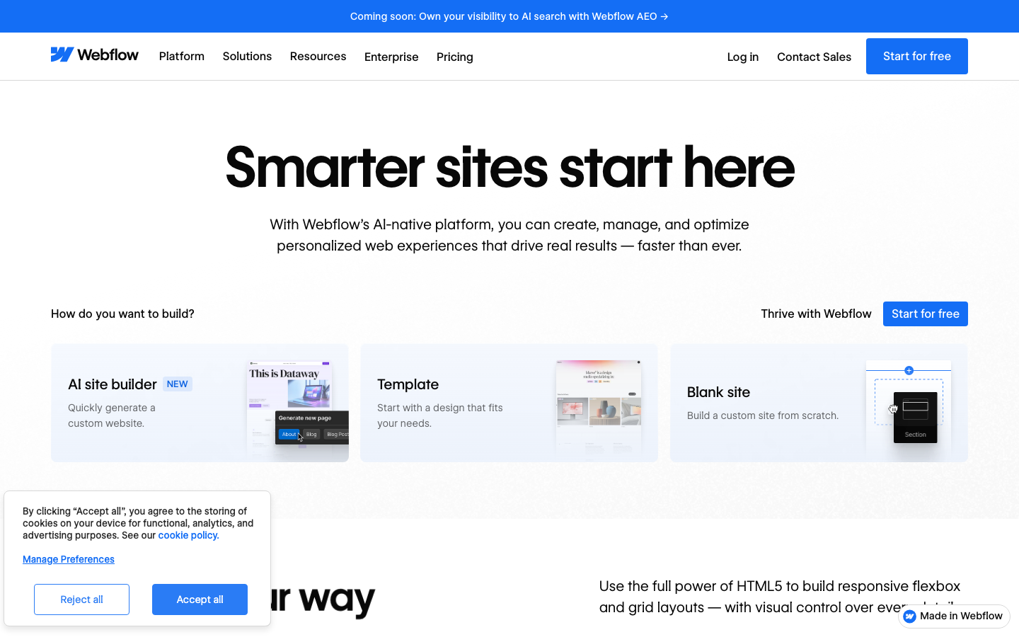 The layout prioritizes clarity and ease of navigation with distinct blocks for different product offerings. The design uses ample white space and a restrained color palette, emphasizing functionality over ornamentation. · webflow product, saas landing page, website builder, ai website builder, design tools, minimalist website, developer tools, platform showcase