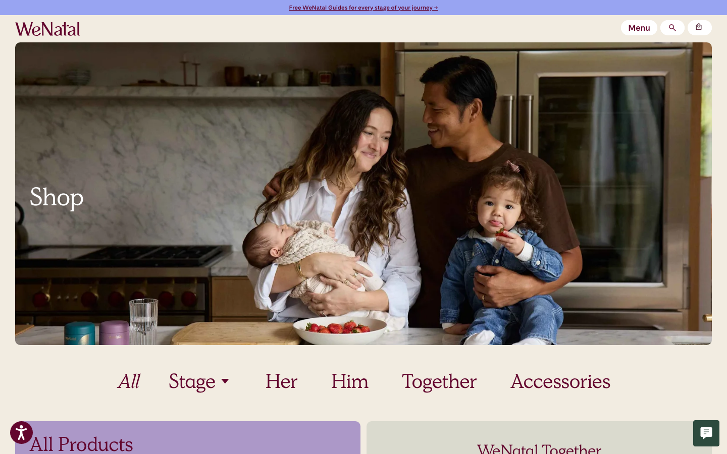 A clean, lifestyle-driven layout featuring a full-bleed hero image and a centered, airy navigation menu for product categories. The typography is a mix of a refined serif and a clean sans-serif, set against a soft, muted color palette.  ·  wellness ecommerce hero, lifestyle health shop, soft pastel palette, editorial health layout, family oriented ux