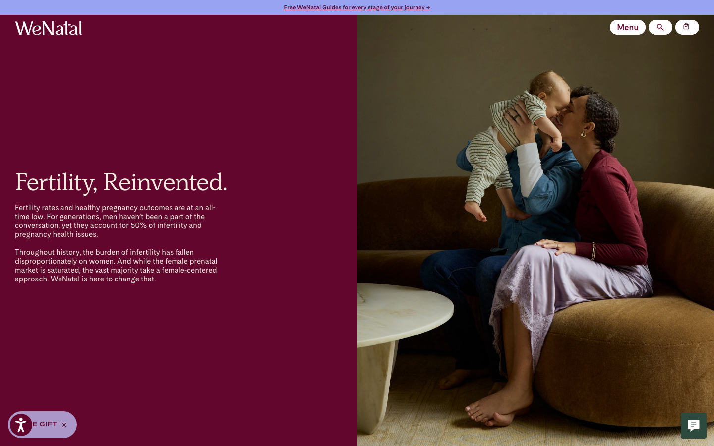 WeNatal · About - A high-contrast split screen pairing a deep burgundy field of serif typography with a warm, intimate lifestyle photograph. The layout emphasizes emotional weight through a balanced diptych composition.  ·  editorial health hero, split screen layout, burgundy brand color, serif typography hero, intimate lifestyle photography