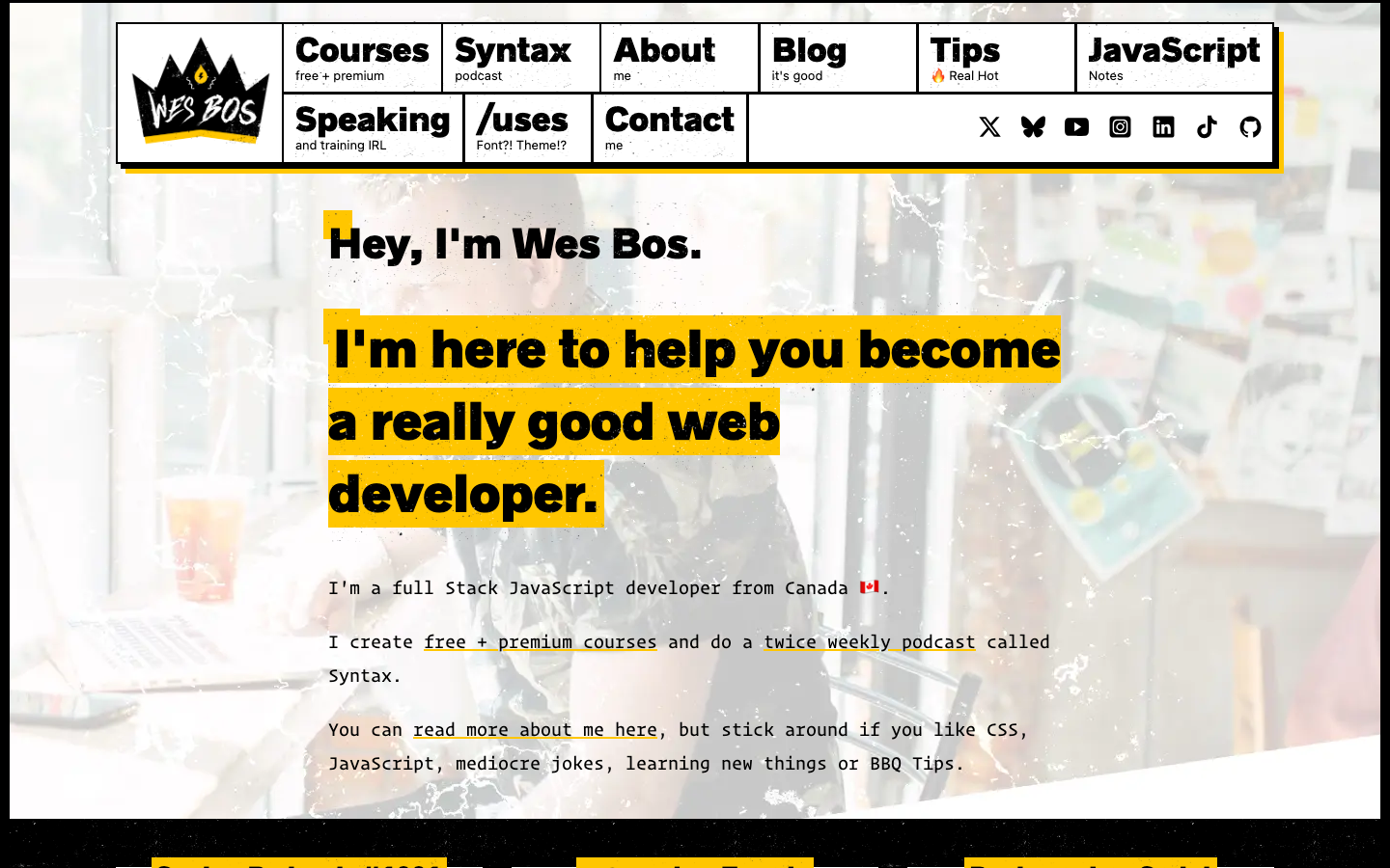 The page is split into two halves. The left features a large, slightly desaturated image of the designer. The right contains a bold, yellow headline and supporting text, creating a clear visual hierarchy. · developer portfolio, wes bos website, web development education, minimalist portfolio, split screen design, editorial website, technical portfolio