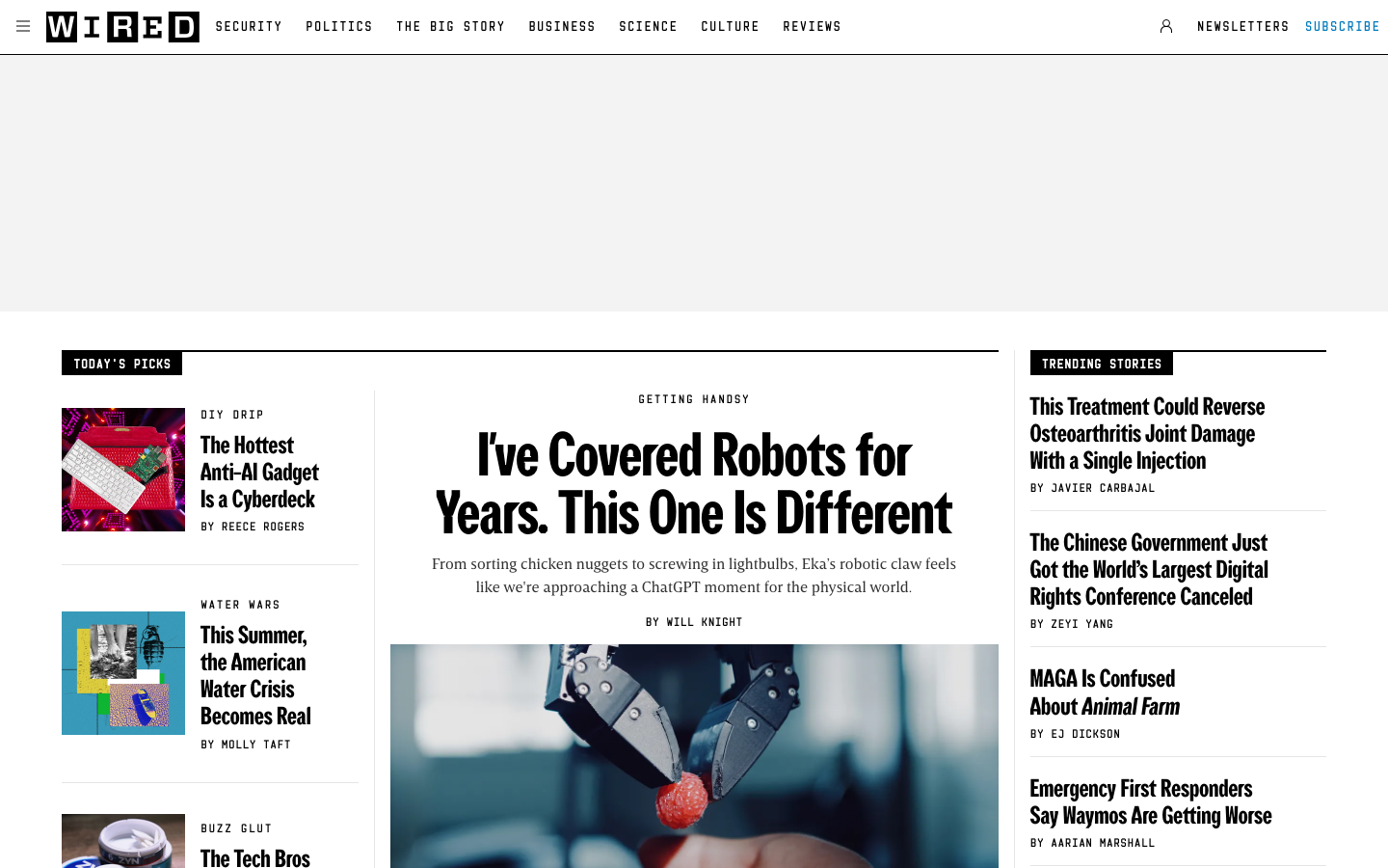 The layout prioritizes a grid of article previews, using a stark typographic hierarchy and a limited color palette to convey a sense of authority and information density. The design feels clean and functional, emphasizing readability. · tech news grid, minimalist magazine, dark media design, editorial website, news website layout, wired magazine, blog grid design, dark mode editorial