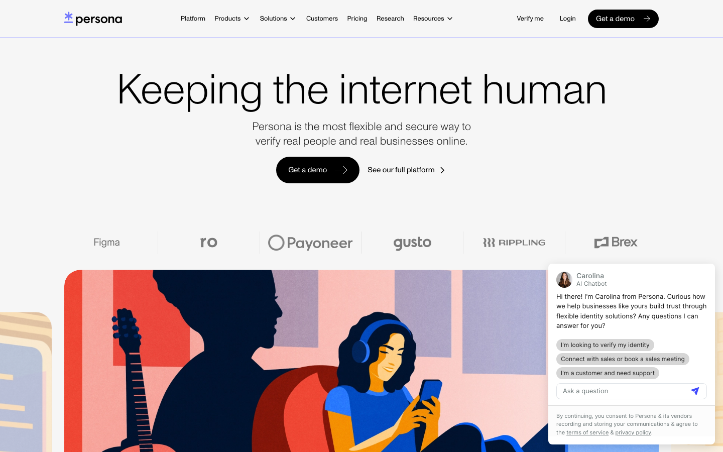 Secure Identity Verification Solutions | Persona - Online identity verification software that helps organizations from any industry collect, verify, and manage user identities throughout the customer life cycle.  ·  minimalism, swiss, monochrome, saas, developer-tools, agency, hero-with-cta, logo-cloud, feature-trio, sticky-nav