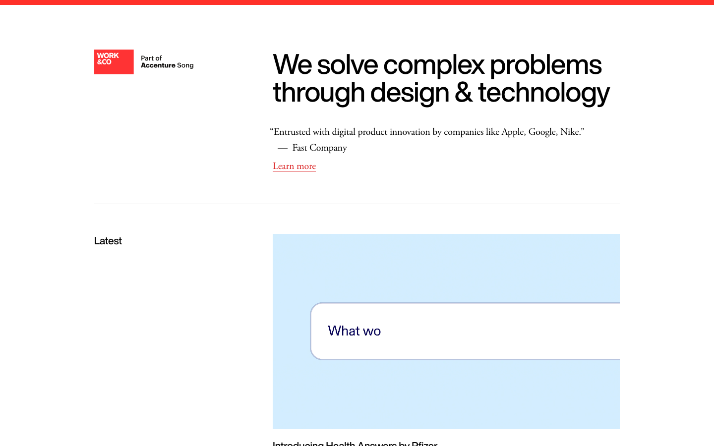 The page prioritizes clarity and a structured presentation of services. Typography is clean and assertive, with ample white space creating a sense of professional distance. The overall feel is precise and confident. · design agency, technology consulting, minimalist design, swiss style, modern agency, software design, digital solutions, work co, studio website