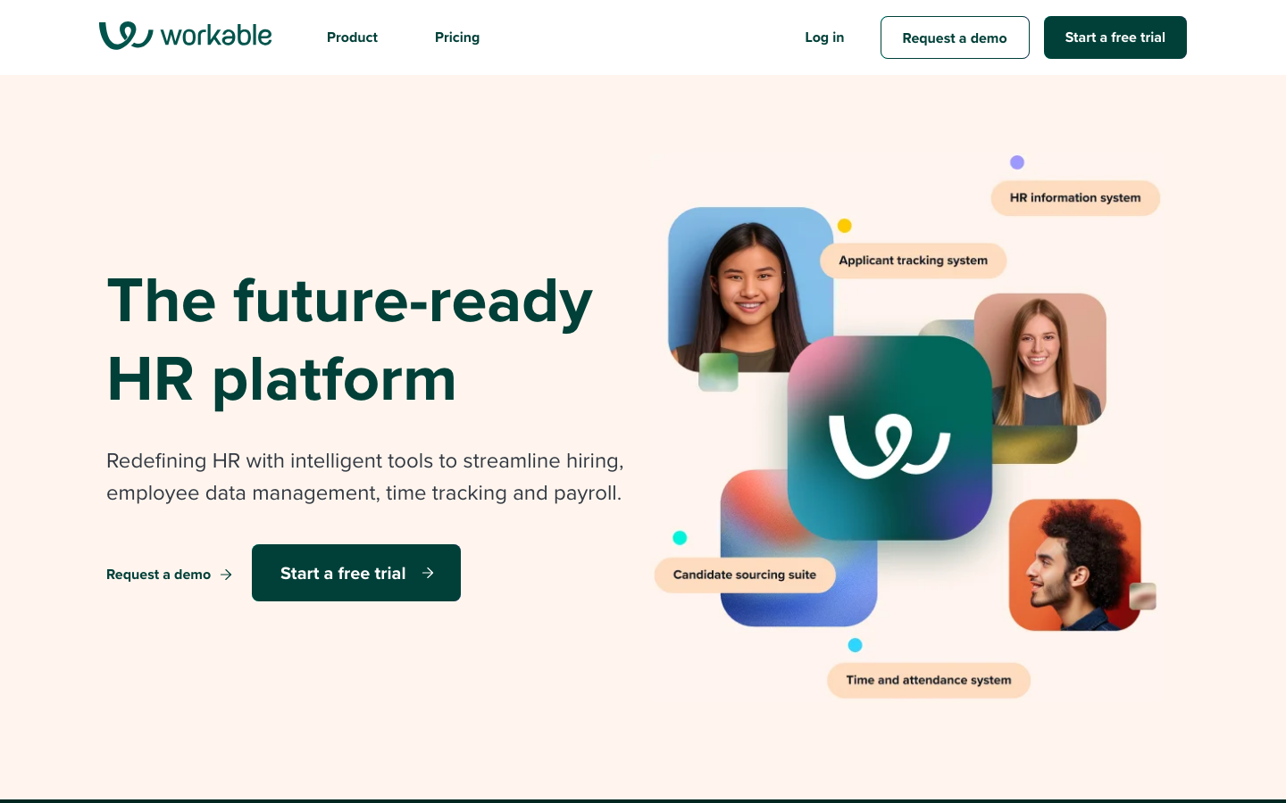 The layout prioritizes clarity and functionality with distinct, visually separated sections. The use of clean typography and ample white space creates a sense of order and professionalism, emphasizing the platform's structured approach to HR.  ·  hr platform, saas interface, work management, employee tools, tech website, modern design, business software