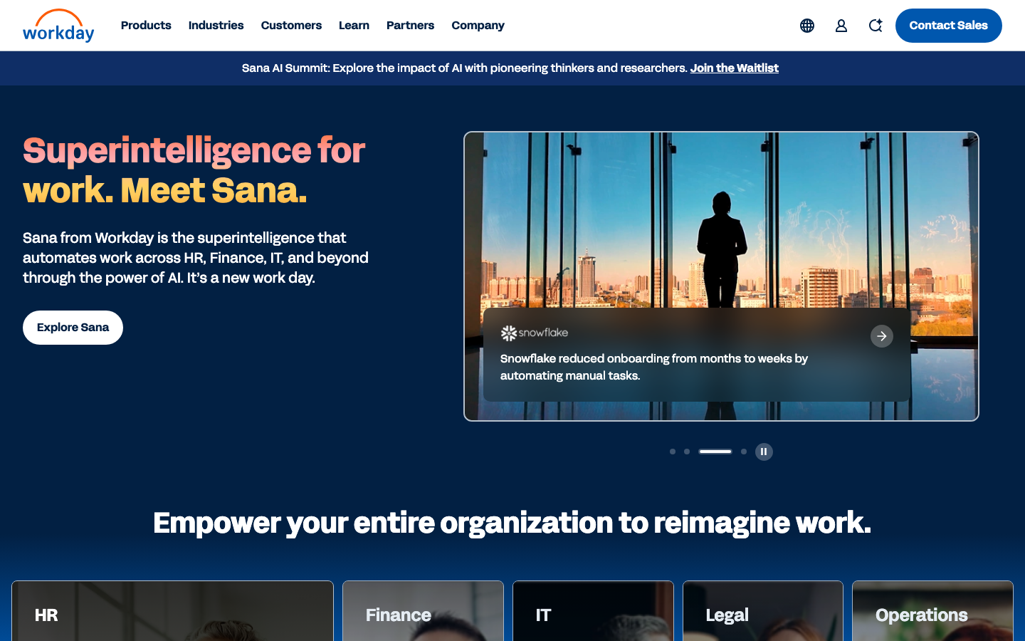 The page uses a clean, spacious layout with a prominent hero image and concise text blocks. The color palette is predominantly cool blues and whites, creating a sense of clarity and professionalism. Typography is straightforward and legible, prioritizing information delivery. · saas product, workday ai, enterprise software, business intelligence, cloud platform, workplace technology, modern interface, data analytics
