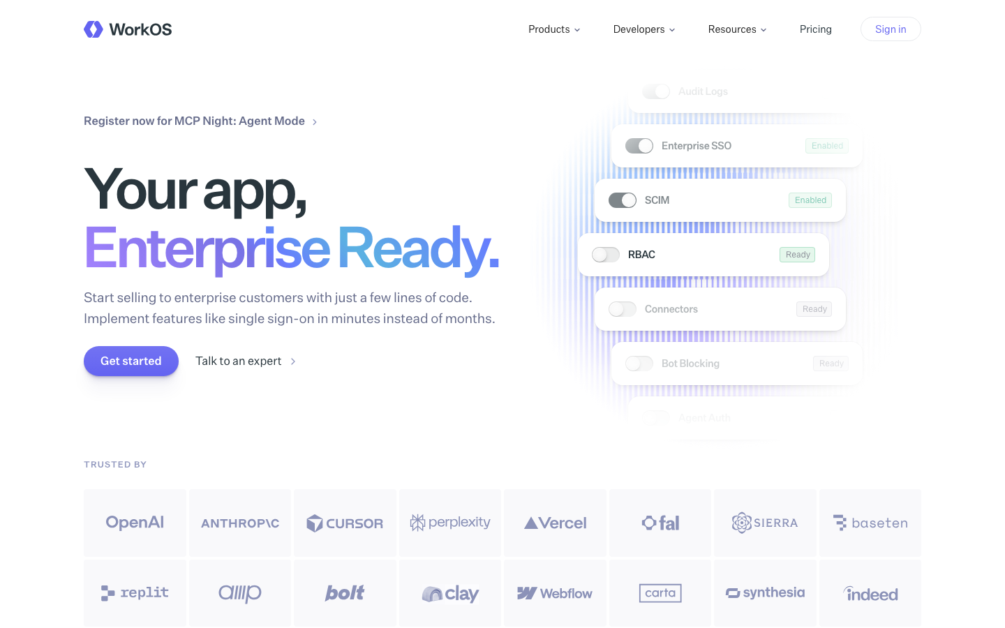 The layout is split into two distinct sections. The left side features a vertical navigation with toggle switches, while the right side presents a prominent hero section with a clear call to action. The overall aesthetic is clean and functional, prioritizing clarity and ease of access to settings. · saas dashboard, developer platform, enterprise settings, toggle switches, clean interface, minimalist design, workos, platform settings