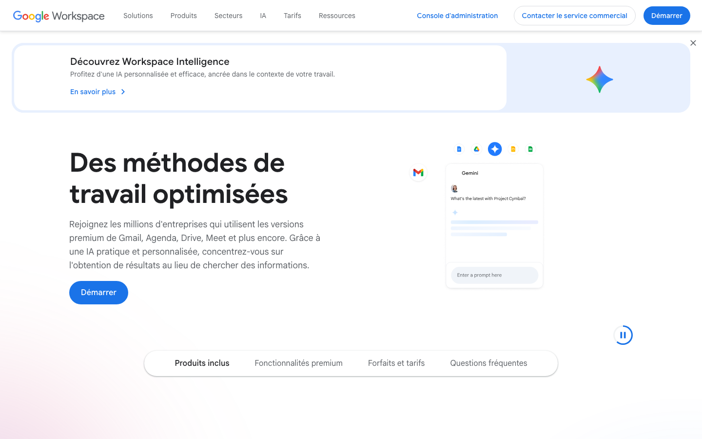 The page uses a clean, spacious layout with a focus on clarity. Typography is straightforward and functional, with ample white space and a limited color palette emphasizing blue and white. The overall mood is professional and efficient. · workspace ai, google workspace, productivity suite, collaboration tools, saas platform, workplace intelligence, google products