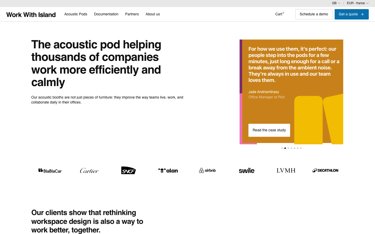 Clean, high-contrast layout featuring bold sans-serif typography and generous white space. A single saturated ochre testimonial card breaks the monochrome palette to create a focal point. · minimalist furniture site, corporate testimonial hero, swiss style layout, clean b2b landing page, logo cloud section