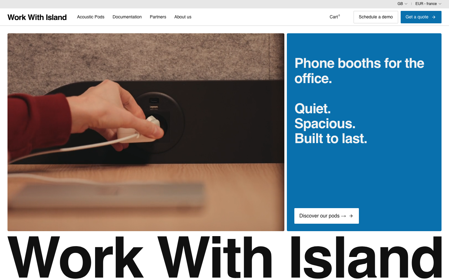 A high-contrast split layout pairing a detailed product close-up with a bold, saturated blue text block. The typography is heavy and geometric, creating a strong architectural rhythm. · split screen hero, architectural furniture web, swiss style layout, high contrast blue, bold sans serif hero, minimalist office product page