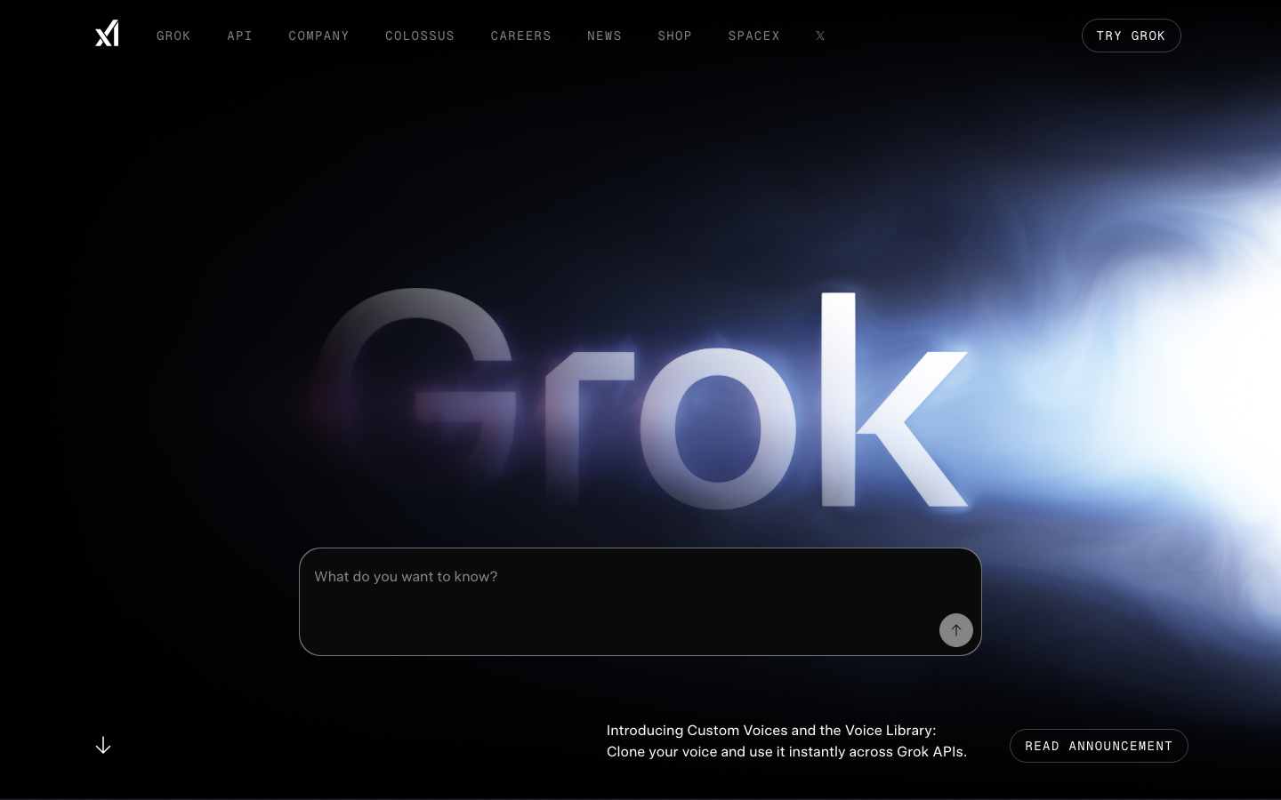 The design prioritizes a bold typographic treatment, using a large, stylized logo against a dark, subtly animated background. The overall impression is one of technological sophistication and a focus on the brand's core identity. · ai logo, dark ai, tech brand, minimalist ai, futuristic logo, ai search, dark mode ai, grok ai