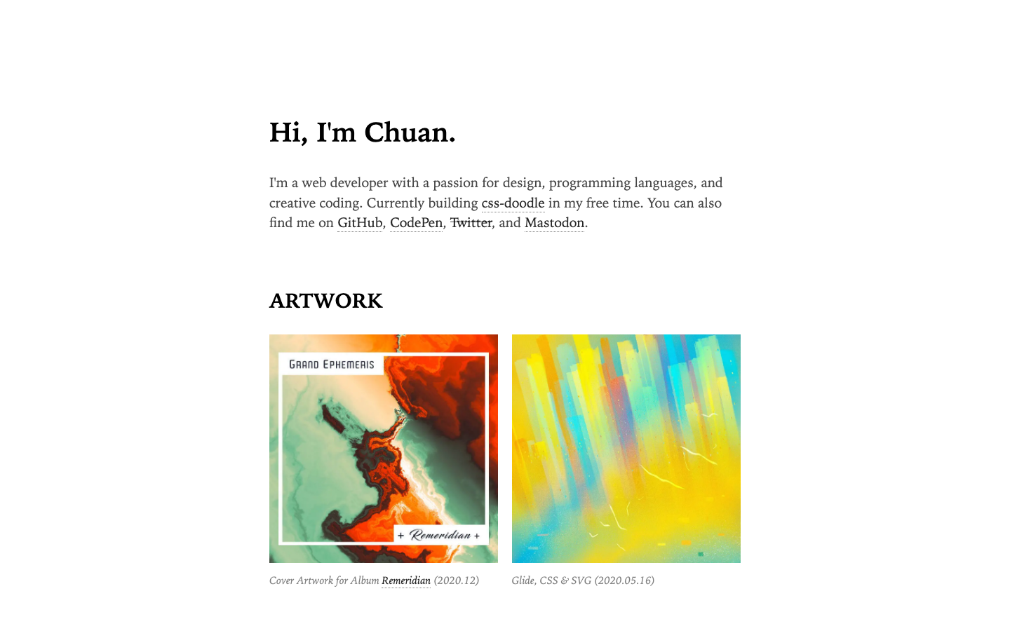 The page prioritizes a clean, typographic presentation of the designer's work. The layout is spacious with ample negative space, emphasizing the artwork as the central focus. A muted color palette and simple typography contribute to a refined, editorial feel. · portfolio website, designer portfolio, type specimen, minimalist portfolio, editorial portfolio, artwork showcase, creative portfolio, web design portfolio