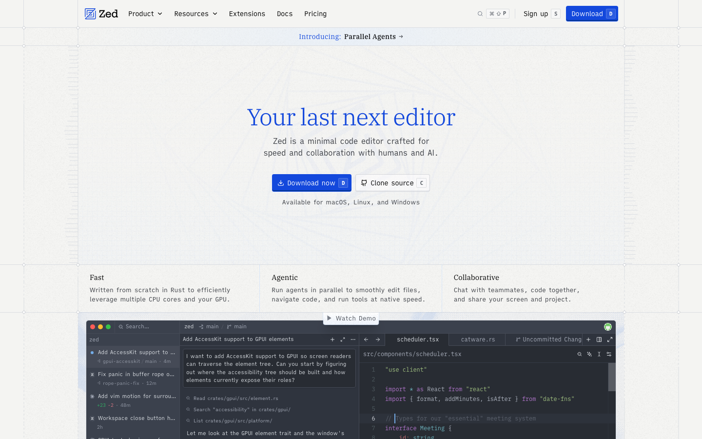 Zed - The page prioritizes a clean, functional aesthetic with a dark color palette and a prominent code snippet. Typography is straightforward and legible, emphasizing clarity over ornamentation. The overall mood is focused and efficient.  ·  dark saas, developer tools, code editor, minimalist landing page, technical design, ai tools, productivity app, terminal aesthetic, modern saas, developer workflow