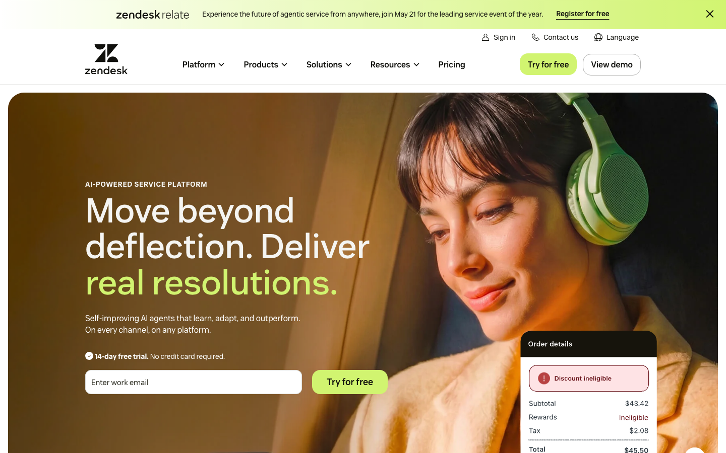 Zendesk - The hero section uses a full-bleed image and concise, impactful typography to communicate the core value proposition. The overall aesthetic is clean and functional, prioritizing clarity and ease of understanding. · ai service platform, customer service, zendesk relate, saas platform, ai support, service platform, modern interface, tech website, minimalist design, business software