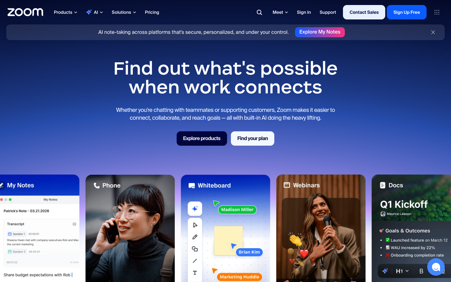 The layout utilizes a grid of distinct, rounded-corner blocks to showcase key product features. The overall feel is clean and modern, prioritizing clarity and ease of navigation with a focus on functionality.  ·  ai collaboration, video conferencing, remote work, business communication, zoom features, saas product, dark ui, modern interface