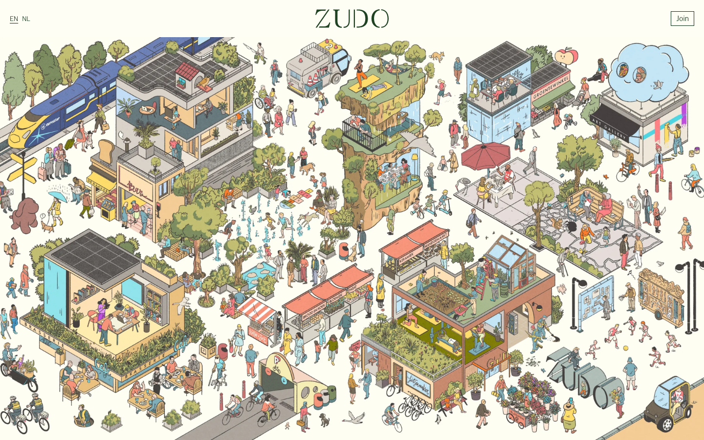 A full-viewport isometric illustration acting as the primary interface. The design relies on a dense, hand-drawn architectural map with a minimal overlay of navigation and branding. · isometric illustration hero, architectural map design, playful urban planning, maximalist illustration website, interactive map landing page